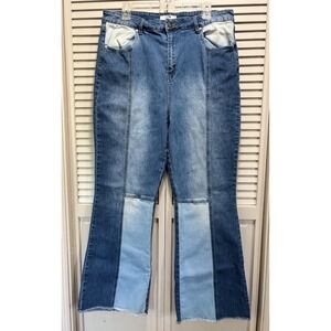 Madden NYC Denim Jeans Color block Flare Size 19 High Rise Logo Pockets Fray Hem